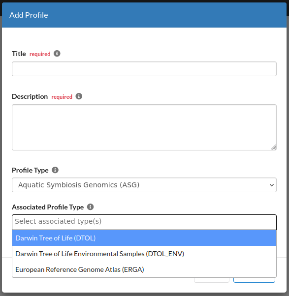 Choose associated profile type or subproject on add profile form
