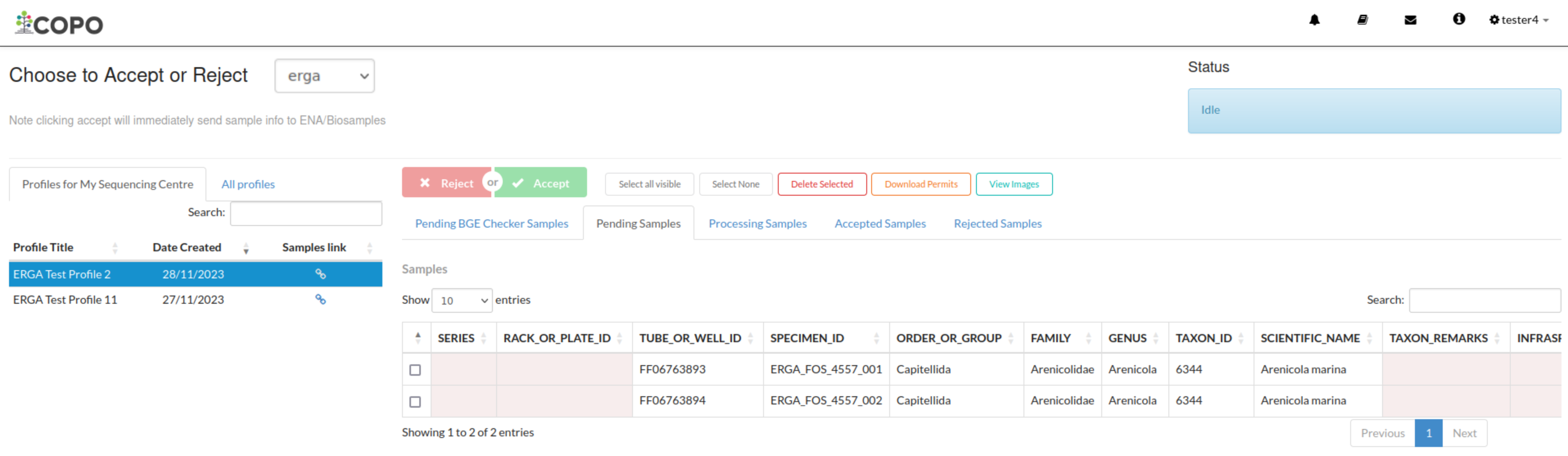 Accepted samples on the 'Accept or Reject Samples' web page for ERGA profiles are displayed in in 'Pending Samples' tab