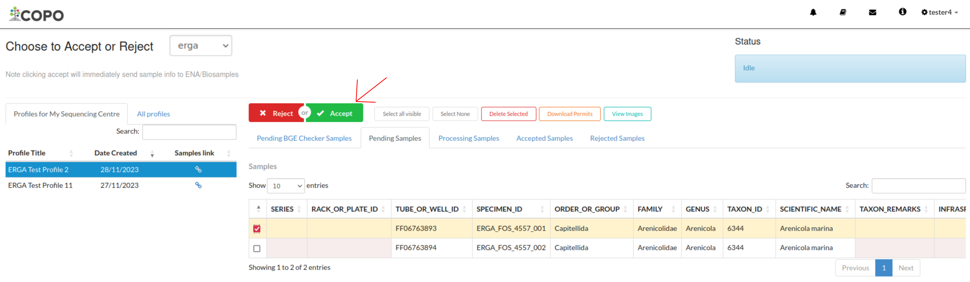 Accepting samples on the 'Accept or Reject Samples' web page for ERGA profiles