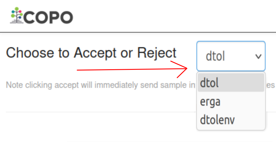 'Accept or Reject Samples' manifest dropdown menu options are shown after the dropdown menu is clicked