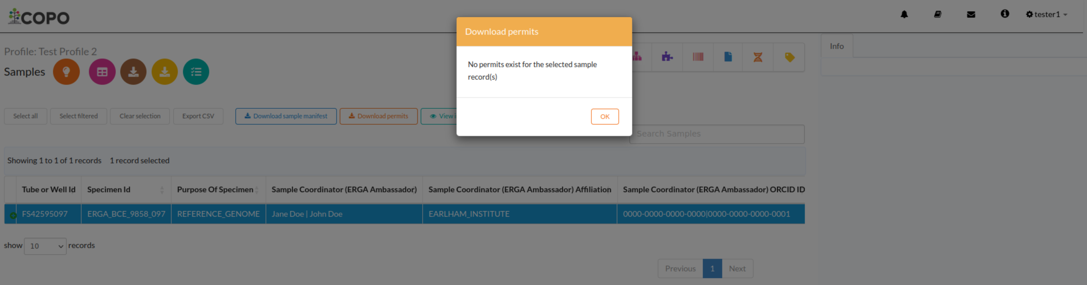 No permits exists message in popup dialogue for selected sample record(s)
